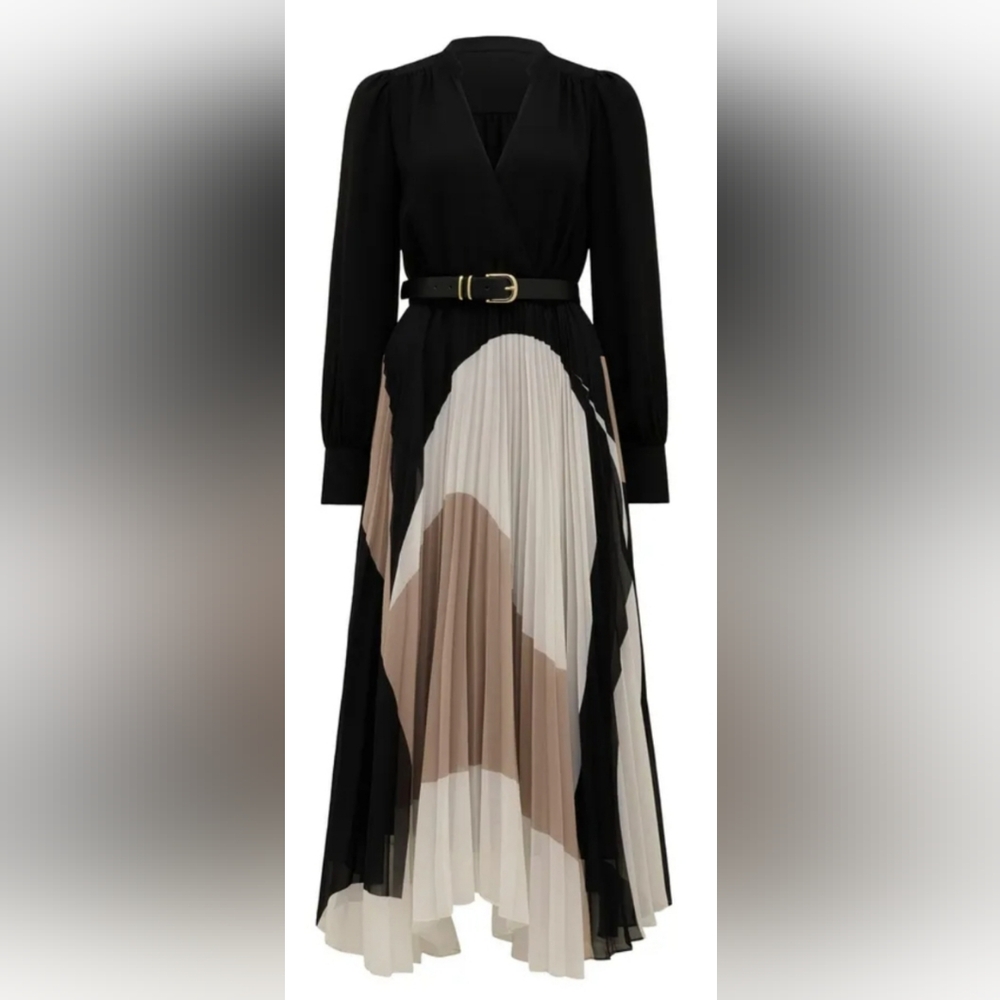 Ever New Pleated Black/Beige V-neckline with an Asymmetrical Hemline Dress s16